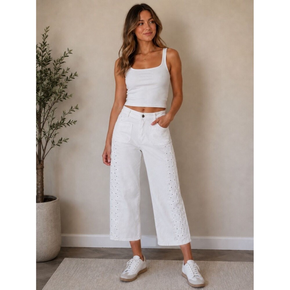 REBECCA MINKOFF White Cropped Denim Jeans With Eyelet  Lace Sides